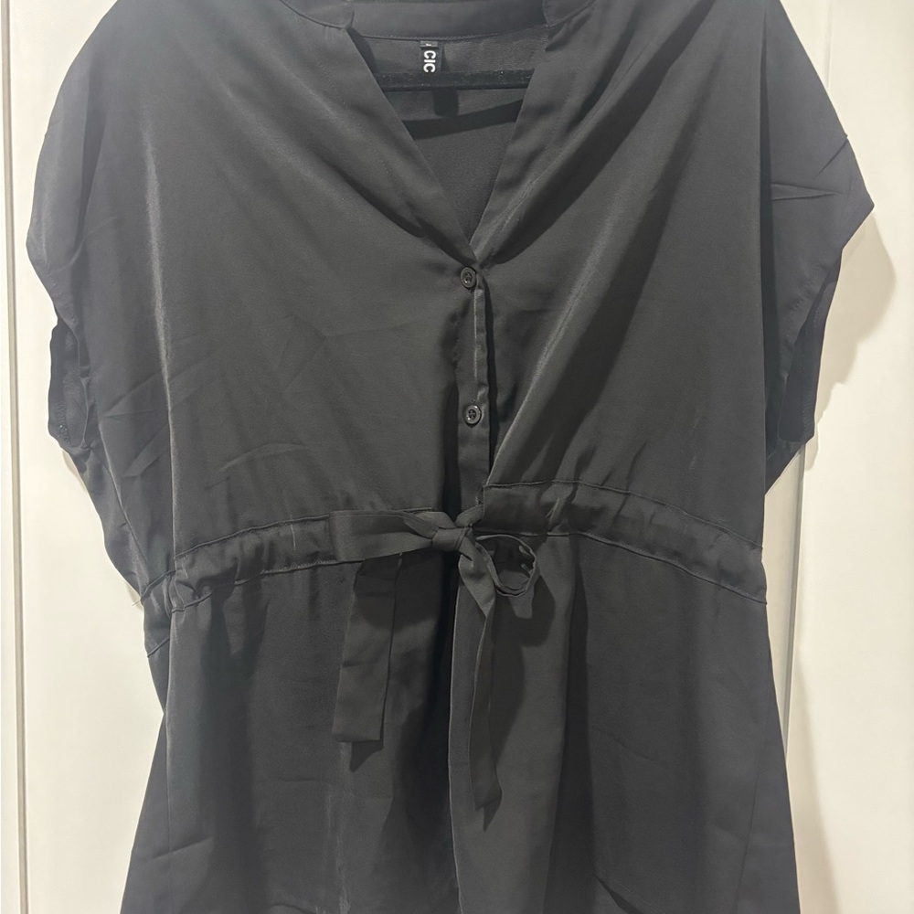 Black Women's Blouse with peplum Tie Detail